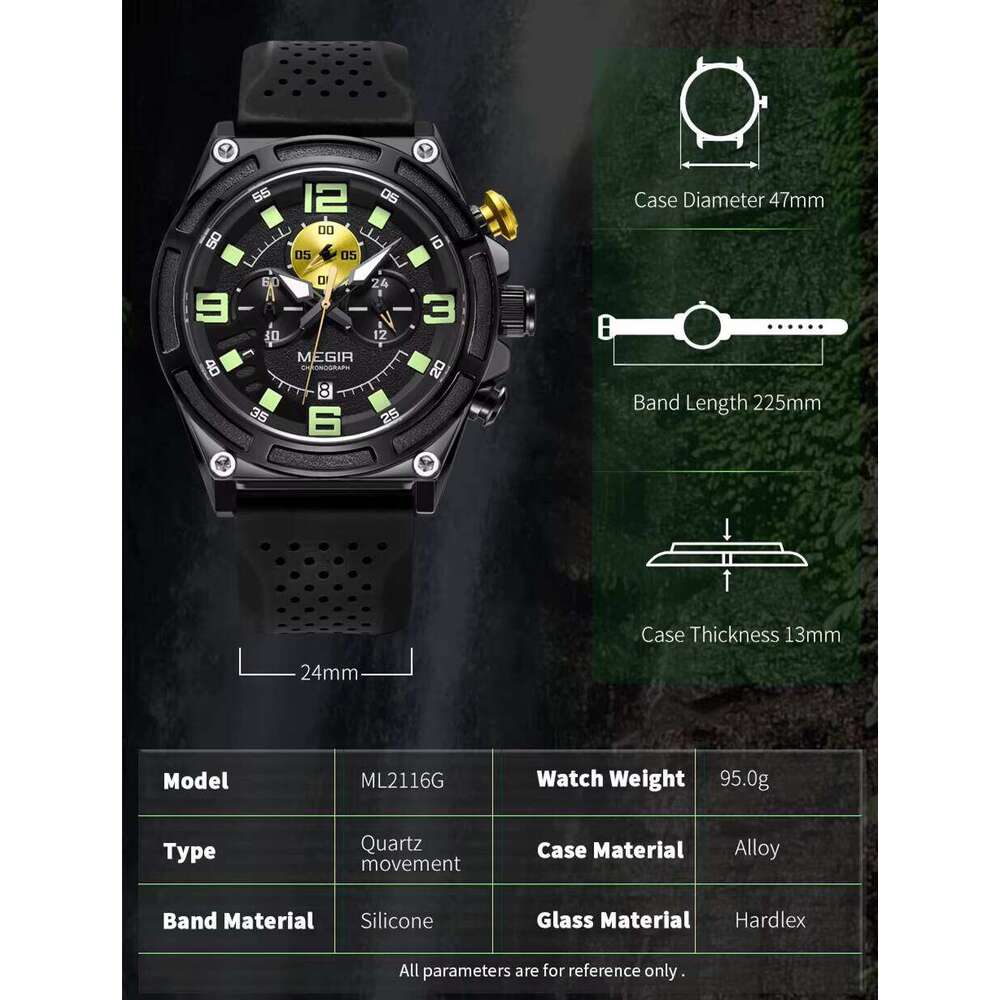 MEGIR Men's Sports Chronograph Watch - 47mm Silicone Strap, Waterproof, Luminous - Bulk Wholesale