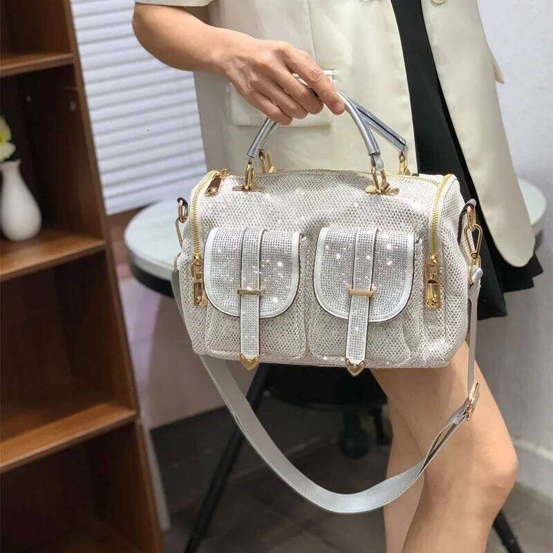Women High end Rhinestone Fashion Mesh Large Capacity Tote Multi Pocket Handbags Dias Crossbody Shoulder Bag