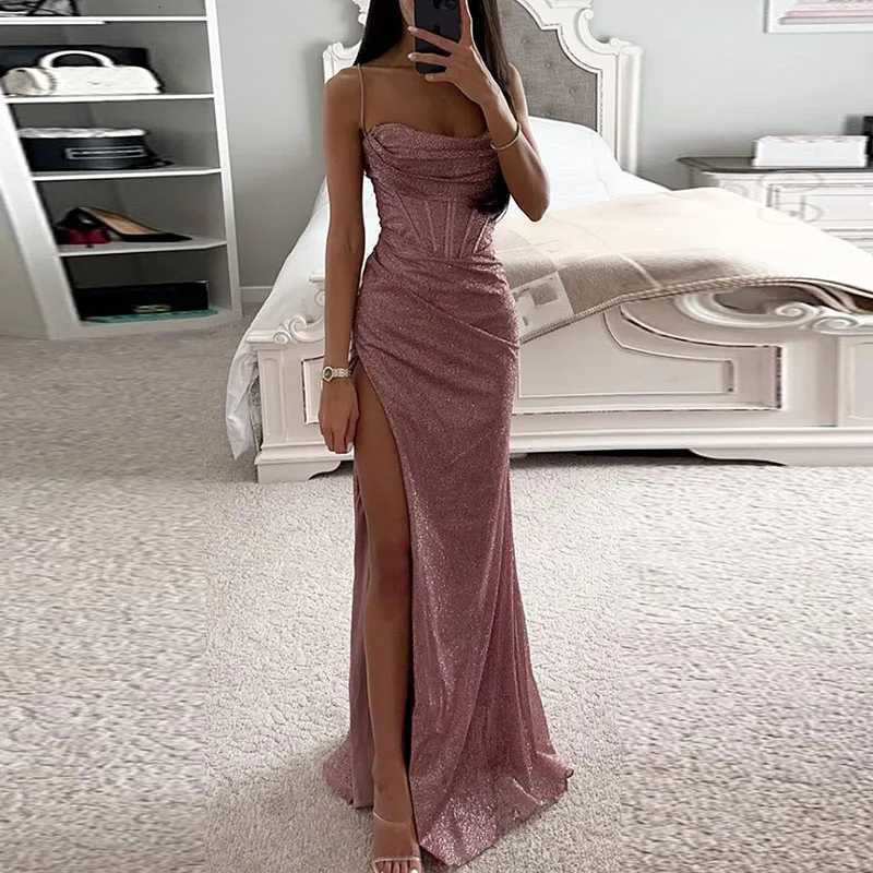 Elegant Corset Bodycon Slit Maxi Dresses Fashion Lady Shiny Backless Evening Dress Women Sexy Slim Spaghetti Strap Sequins Dress Z250728
