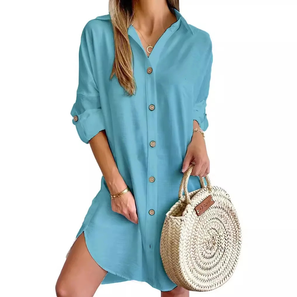 Elegant Womens White Spring and Autumn Casual Long Sleeve Lapel Button Up Shirt Dress Fashionable Woman Loose Mini Dress 250728