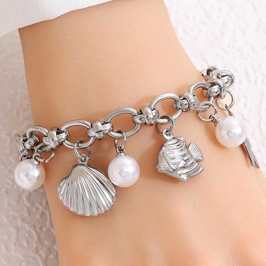 Summer Beach Stainless Steel Bracelets for Women Starfish Shell Ocean Style Pendant Bohemian Jewelry Gift Fashionable Resort Wear W250728