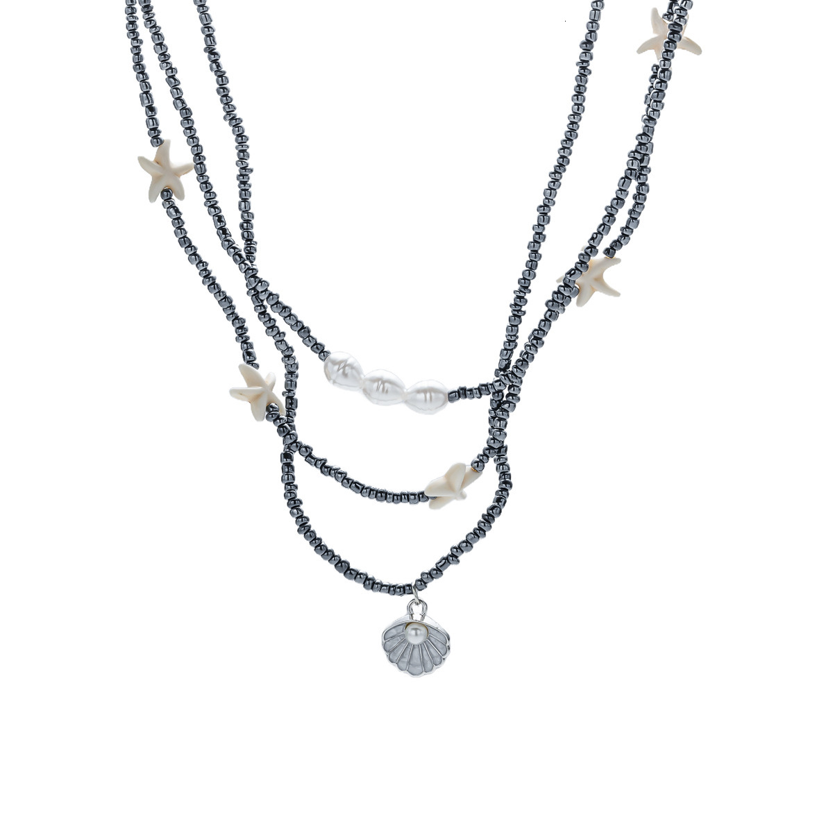 Summer Shell Pearl Necklace for Women, Unique Design, Black Rice Beads, Bohemian Style Starfish Collarbone Chain Jewelry for Women