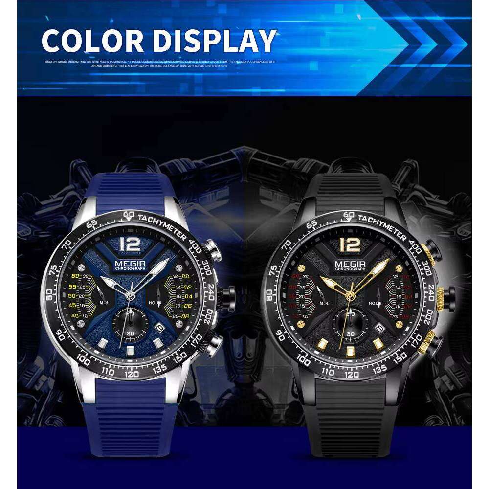 DHgargets MEGIR 2106 Men's Sports Watch - 48mm Chronograph, Luminous, 30M Waterproof, Silicone Strap, Date Display, Quartz Movement