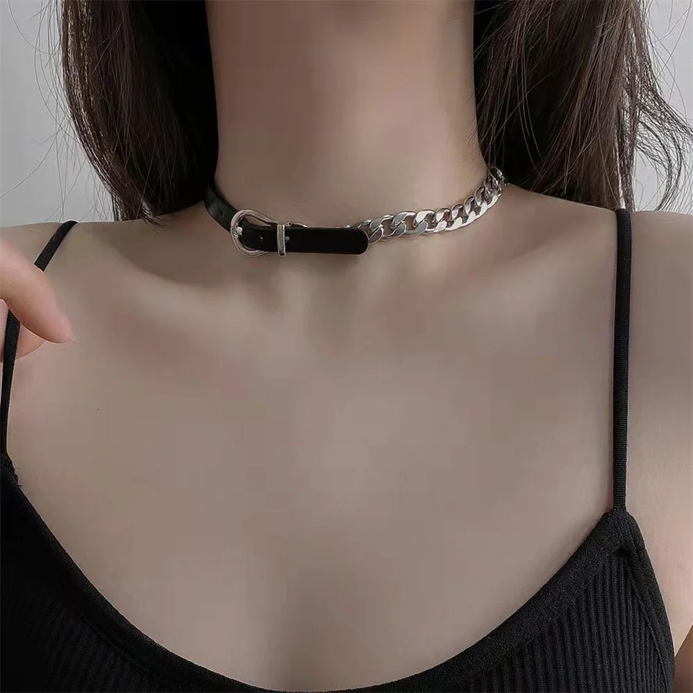 Kpop Black Leather Choker Stainless Steel Cuban Clavicle Chain Collar For Women Goth Ladies Jewelry Wholesale 250723