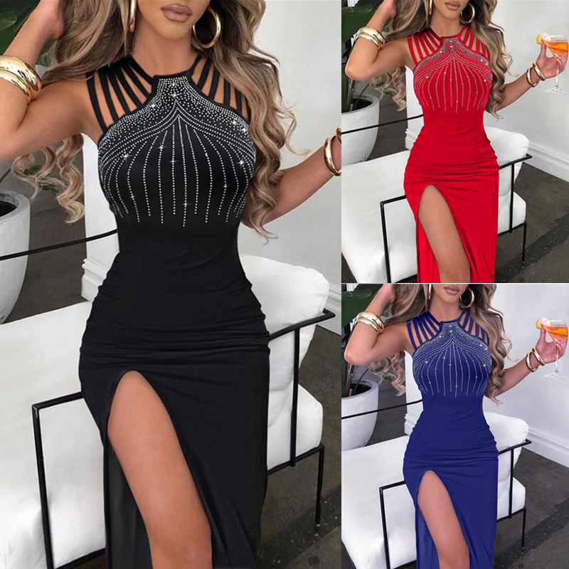 M727Cross-border women's clothing temperament hot diamond slit hip dress nightclub dinner dress