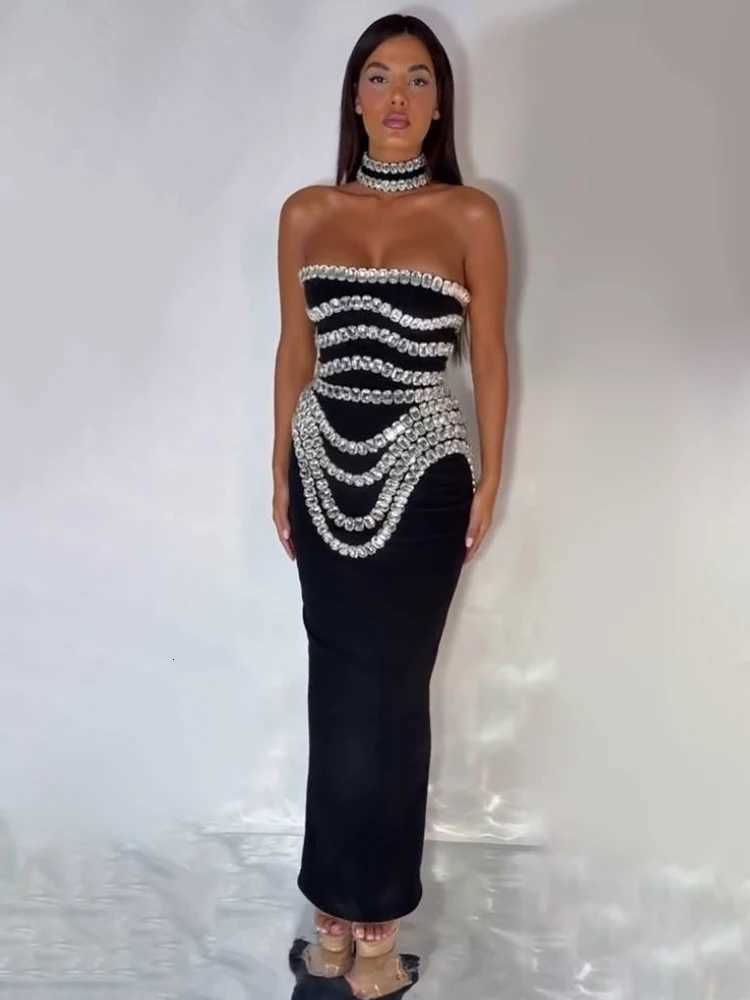 VC Black Strapless Long Dress Embellished Bodycon Bandage Prom Celebrity Party Evening Gowns Dropshipping Z250728