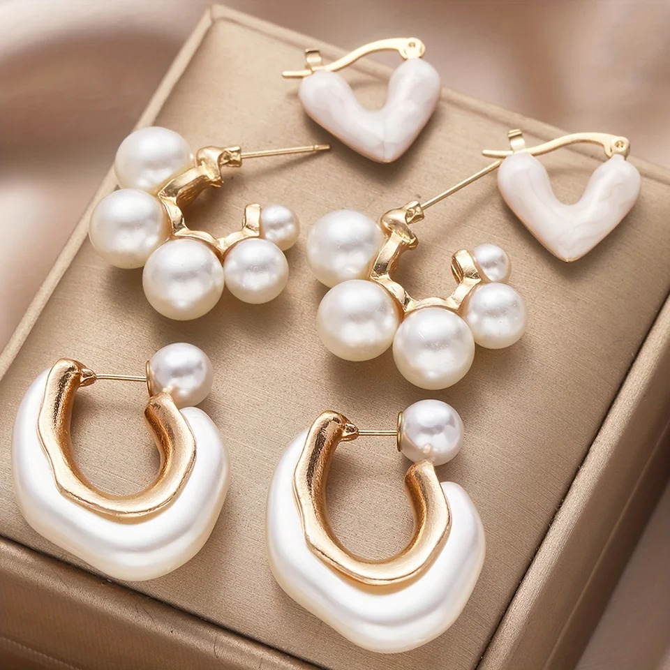 3 Pcs Delicate Pearl Heart n Hoop Earrings Vintage Elegant Style Trendy Female Dating Set Jewelry Gifts 250715