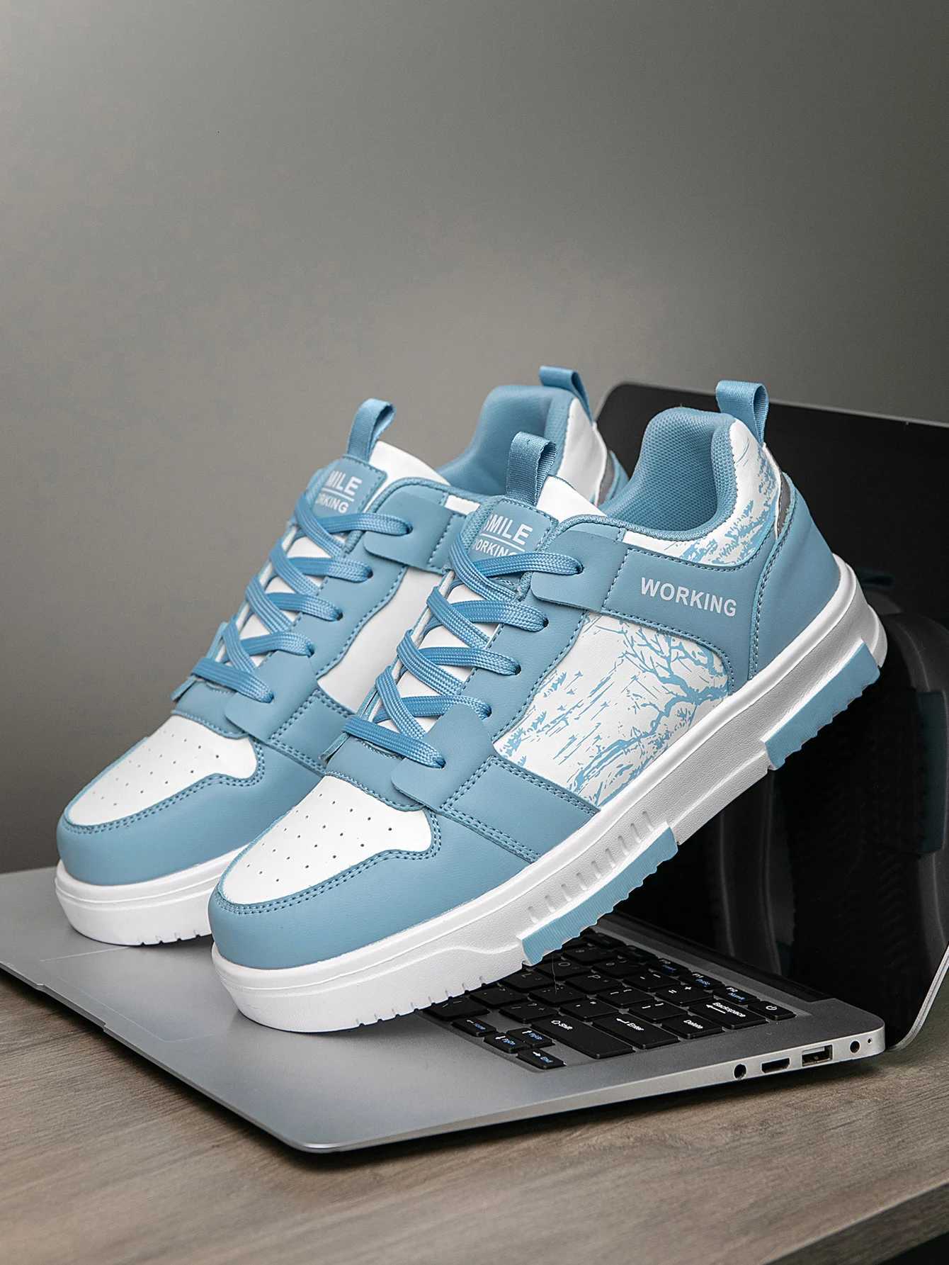 Mens For Pattern Fionable Stylish Sky Blue Contrasting Color Comfortable Skateboard Shoes Niche Design Preppy Style Front Strap Versatile Love Shoes Y