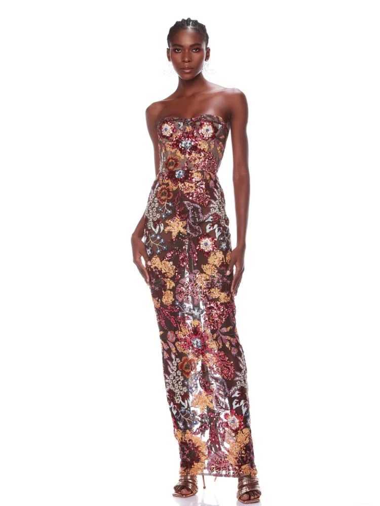 New Sexy Strapless Floral Sequin Long Dress Women Sequins Flower Backless Long Slim Dress Evening Party Runway Gown Dress Z250728