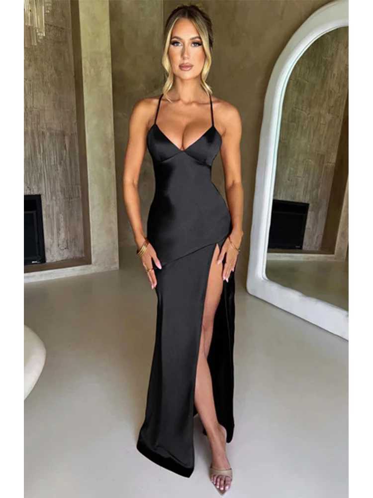 Bandage Backless Elegant Dress Split Hem Spaghetti Strap Slim Cocktail Party Club Fashion Satin Solid Lace-Up Long Dresses Z250728