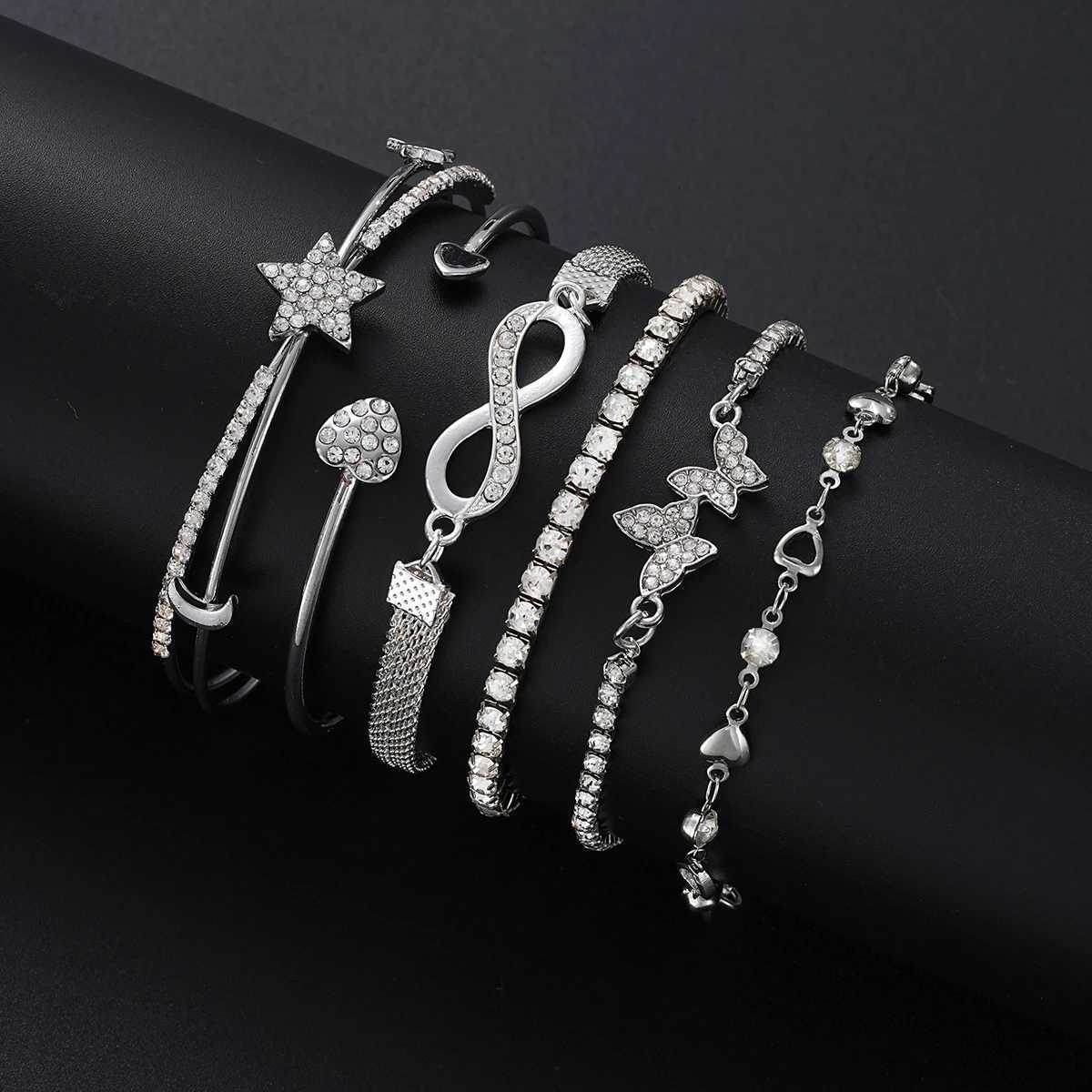 Elegant Sparkling Rhinestone Bracelet Set for Women Butterfly Heart Infinity Star Designs Open Bracelet Daily Wear Jewelry Gift W250728