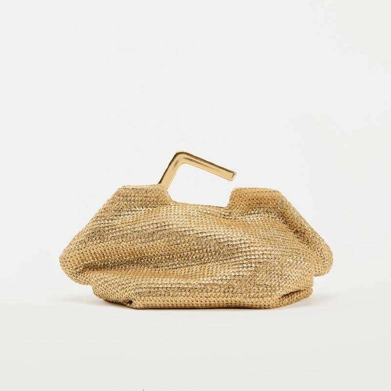 GOLD BAG WITH METAL HANDLE, Woven Handbag for Women, Designer Evening Dress Bag, New Fashionable Women's Metal Clutchs