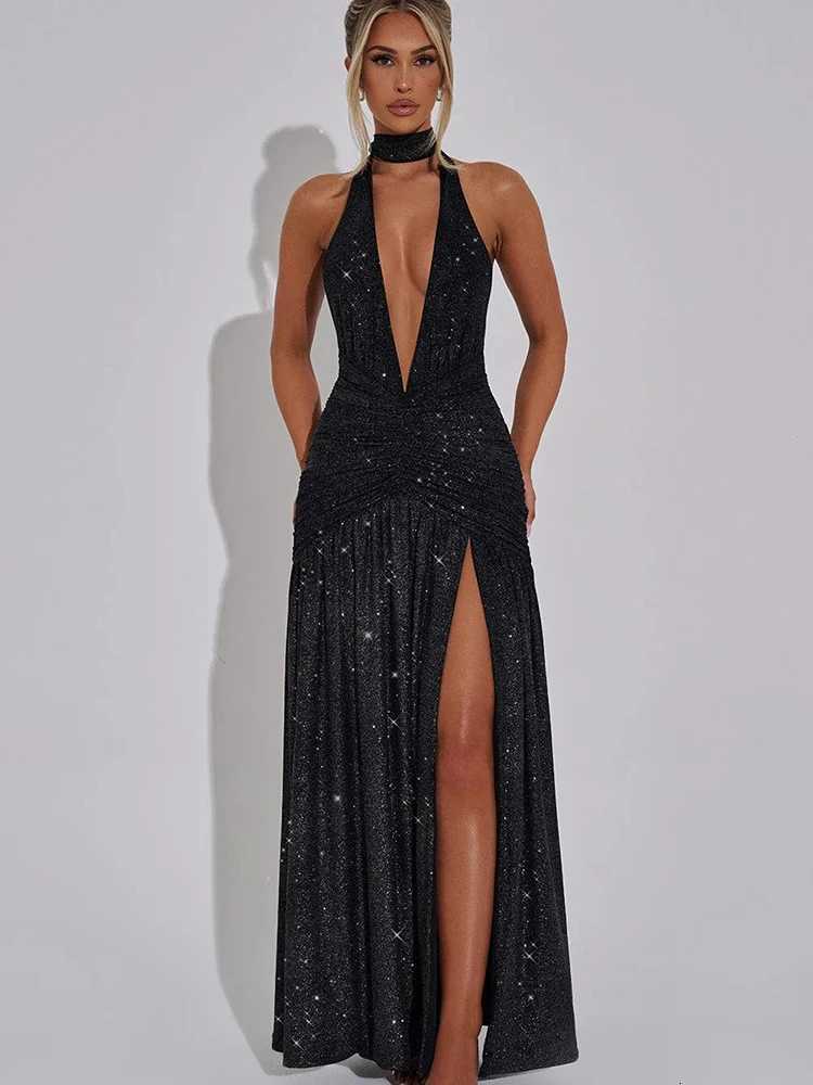 Julissa Mo Glitter Bright Silk Deep V-neck Women Maxi Dress Khaki High Slit Halter Dress Spring Slim Elegant Party Evening Dress Z250728