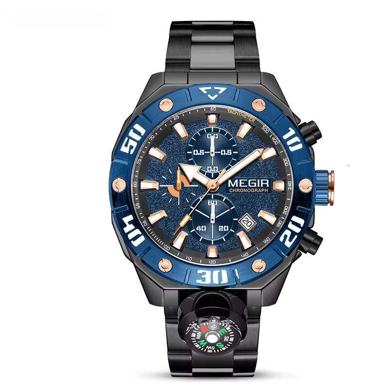 DHwatches MEGIR 2219G Men's Outdoor Sports Watch - 46mm Stainless Steel, Compass, Chronograph, Waterproof 30M, Luminous Dial