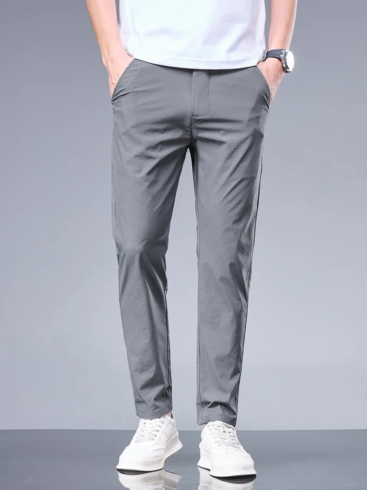 Straight Summer Business Pants Elastic Waist Ice Silk Comfortable Trousers Breathable Black Gray Male Clothing Casual Suit 250724