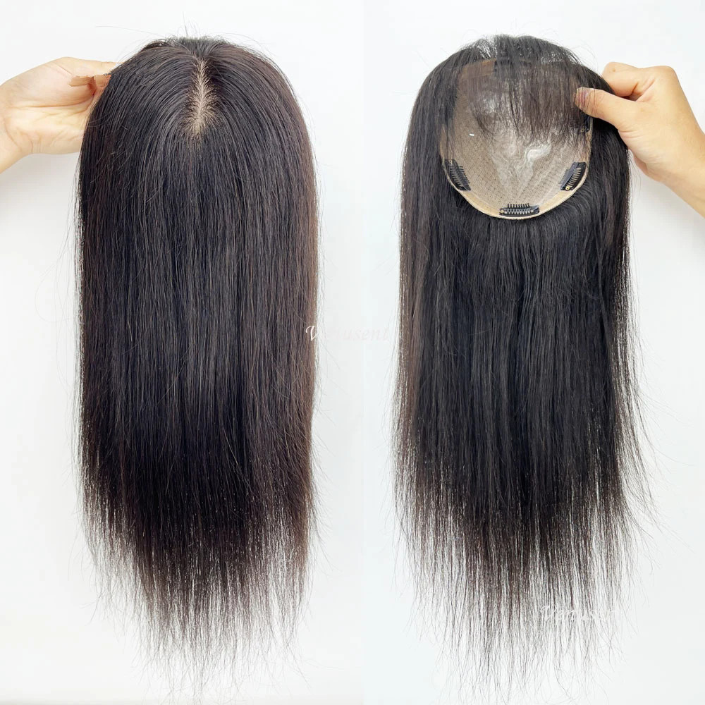 Women Silk Base Human Hair Topper with Air Bangs Virgin European Remy Hair Cover Hand Tied Silk Top Hairpiece with Side Bangs