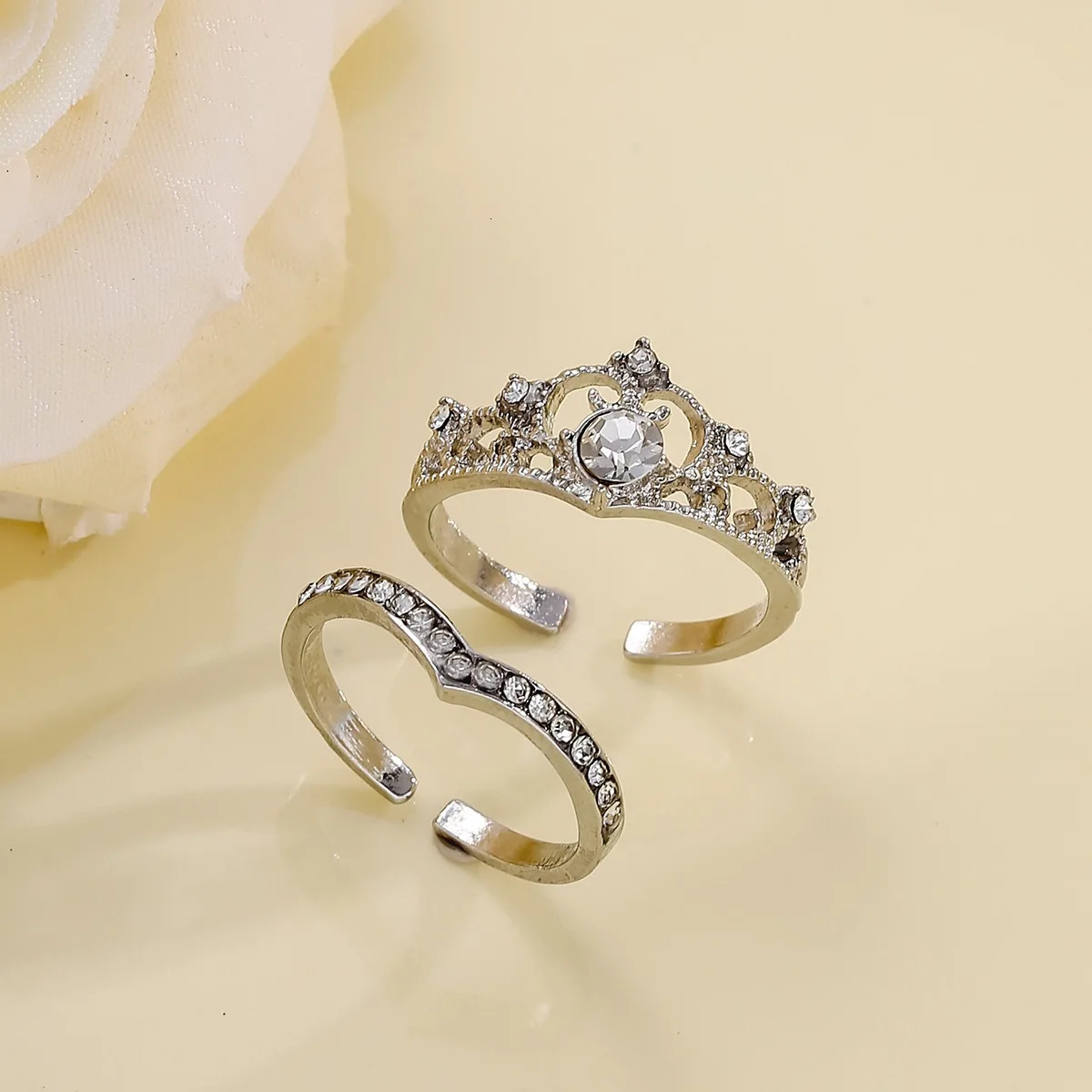 Stainless Steel 2PCS Crystal Crown Adjustable Ring Irregular Geometry Vintage Rings Set for Women Girls Fashion Jewelry Gift 250715