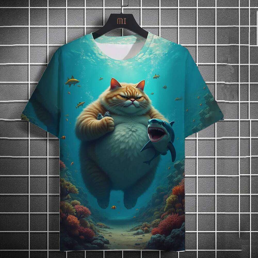 Men's Orange Ai 3D Beach Catching Fish Cat Printed Short Sleeve Daily Casual Round Neck T-Shirt Tops