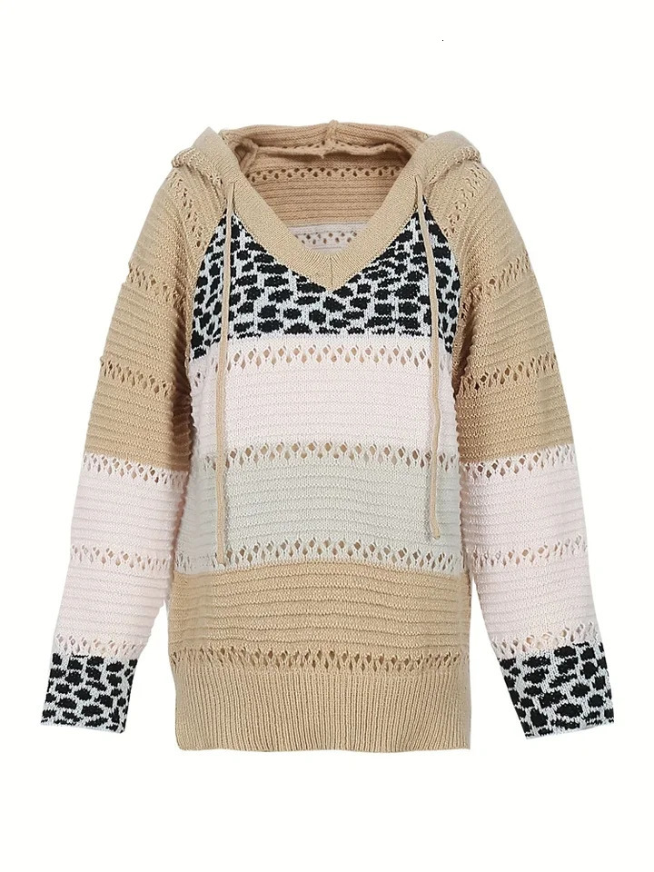 Plus Size Womens Autumn and Winter Pop Hooded Leopard Print Color Block Sweater Casual Style Acrylic Material 250728