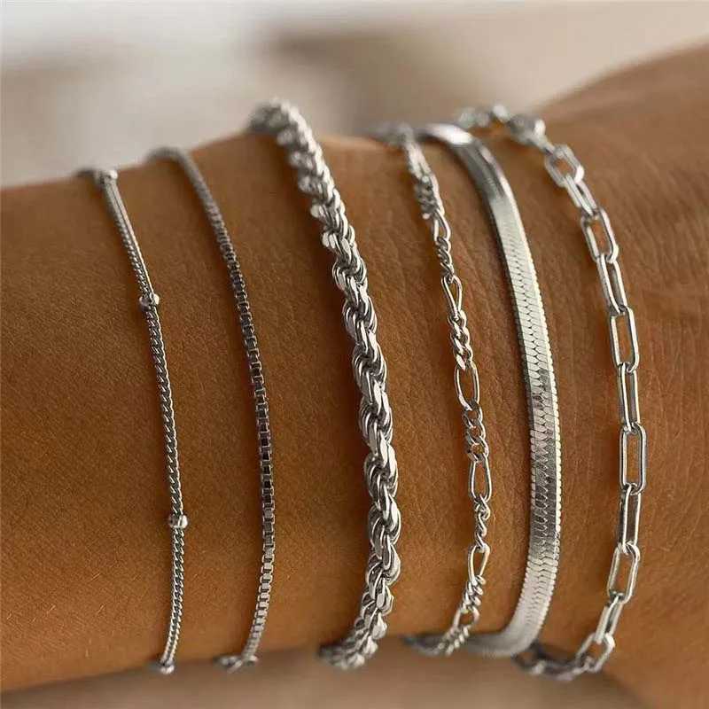 6Pcs Fashion Silver Color Thick Twist Cuban Chain Bracelet for Women Boho Metal Snake Chain Bracelet 2024 Trendy Jewelry Gifts W250728