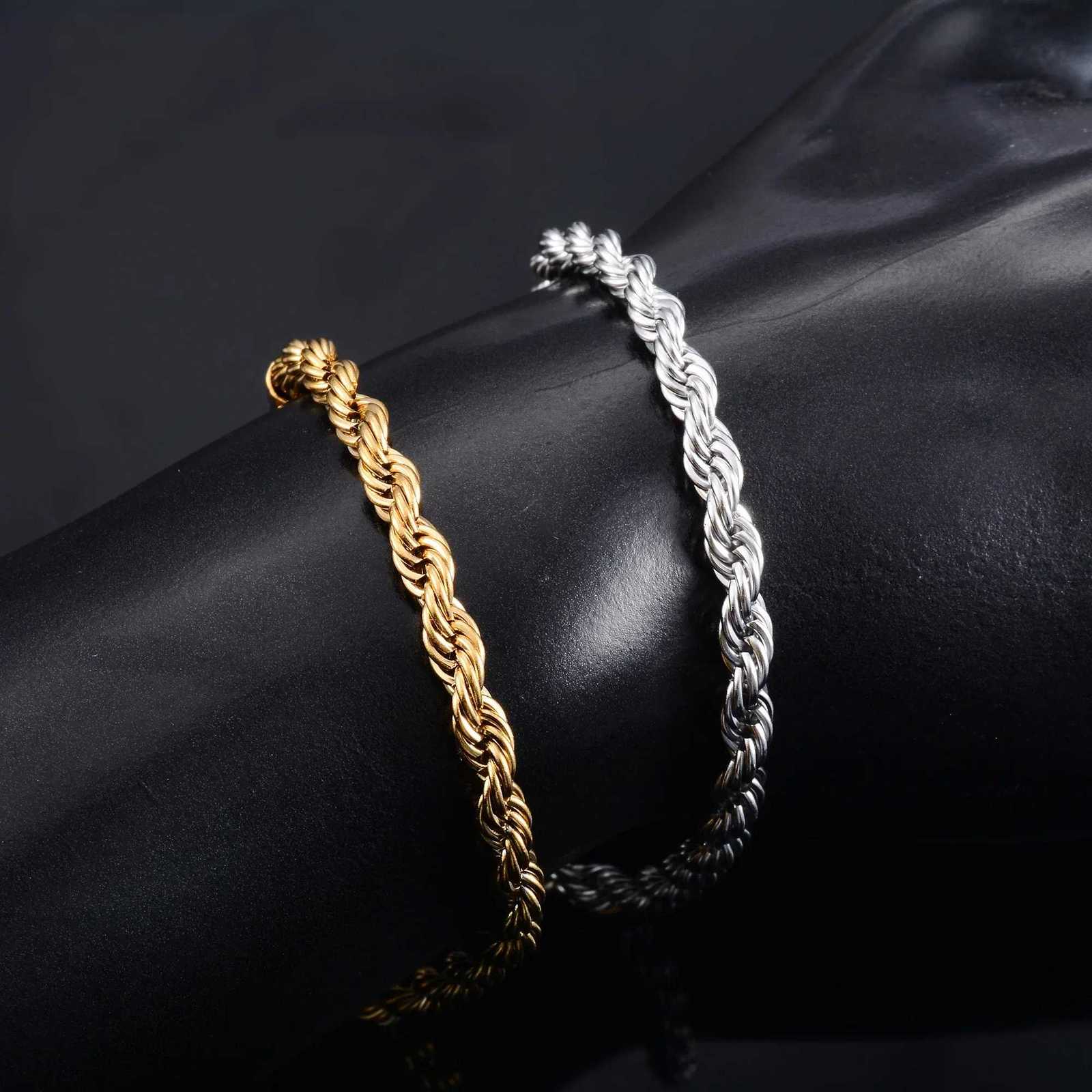 Men Stainless Steel Rope Chain Bracelet for Women Hand Bangle in Gold/Silver Color Foot Ankle Anklet Jewelry Accessories DIY Gift W250728