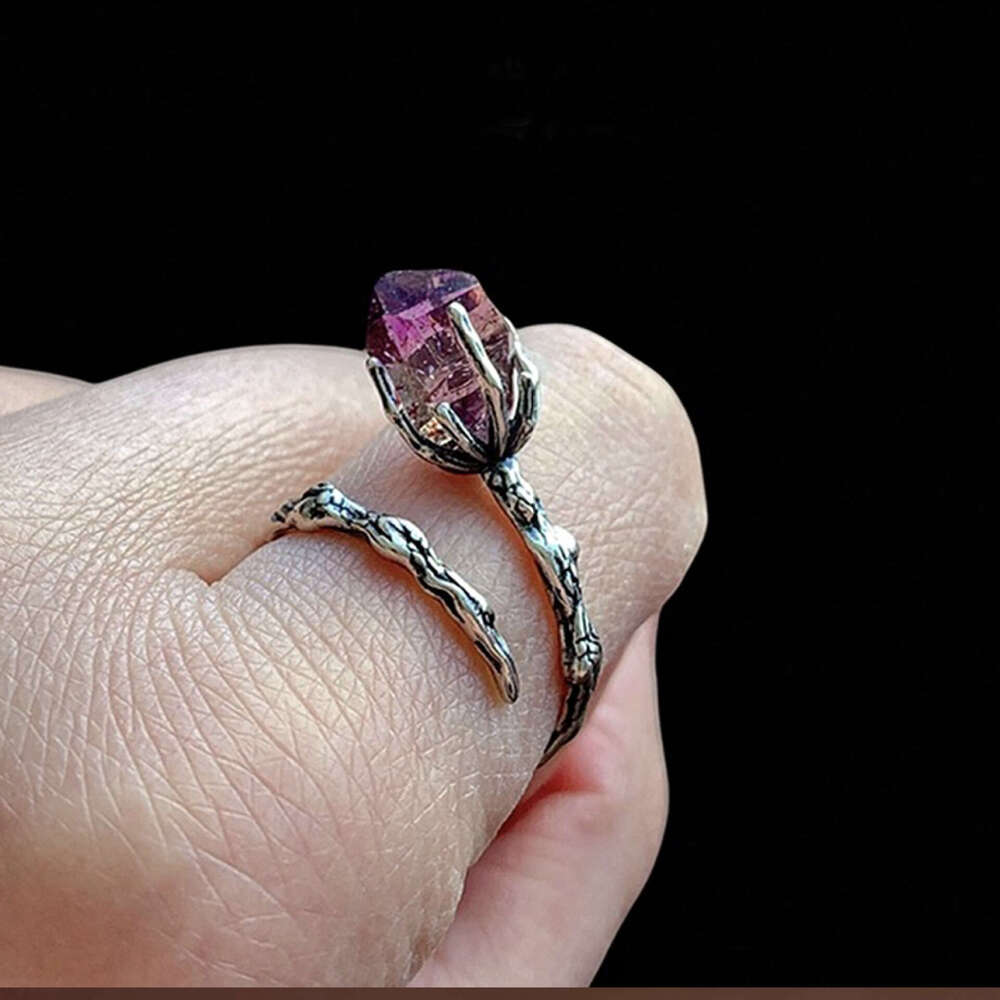 YUJI Personalized Creative Open Tree Branch Flower Holder Artificial Amethyst Inlaid Diamond Unique Ring for Women