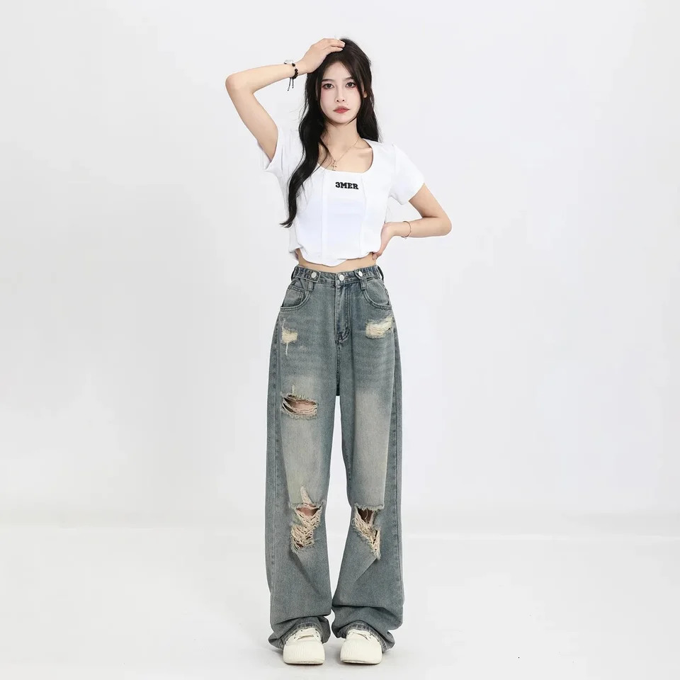 Vintage Hole Y2k Womens Jeans High Waisted Wide Leg Loose Straight Hiphop Street Wear Floor Length Denim Pants 250717