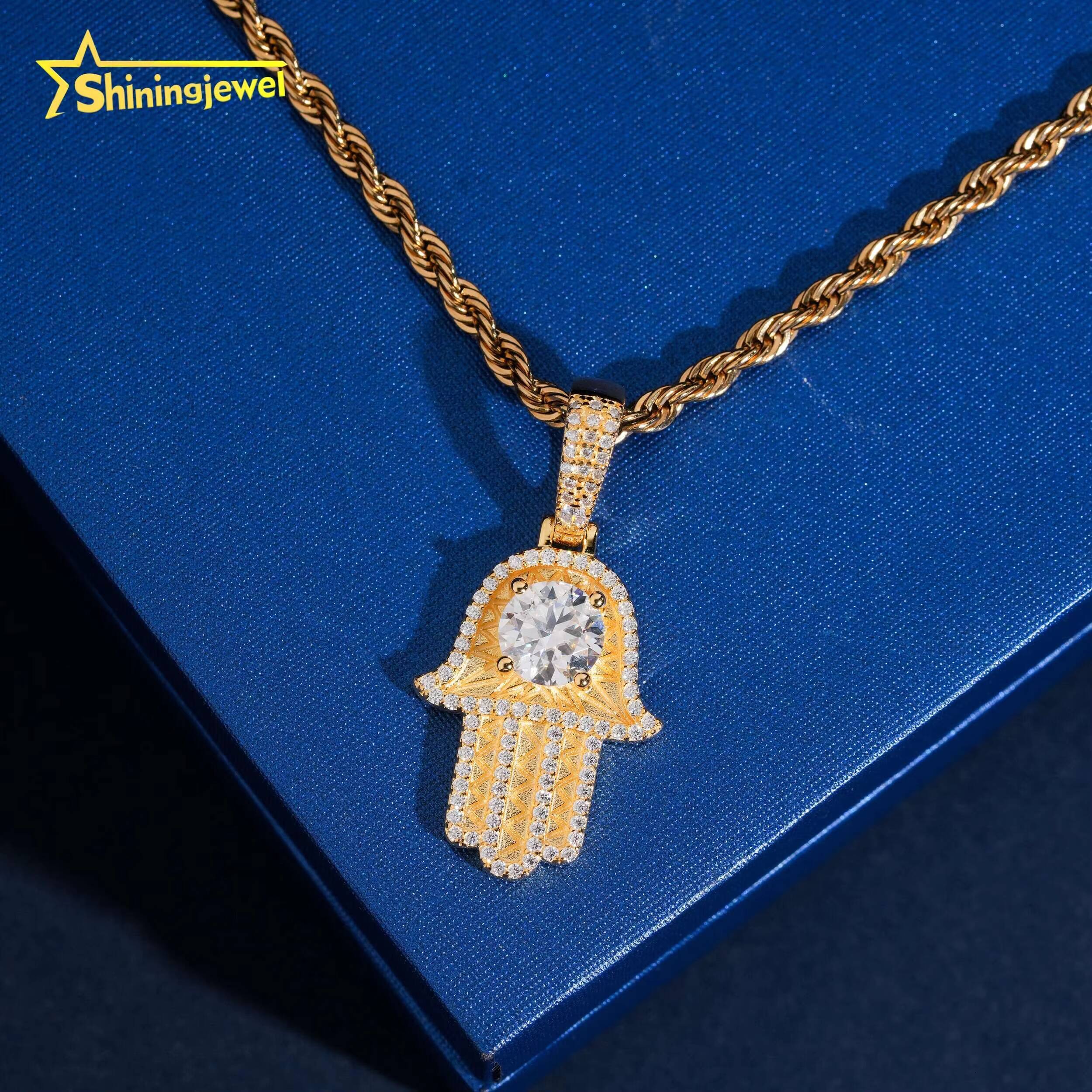 USA Local Fast Shipping 925 Silver VVS Moissanite Pendant Necklace Hip Hop Iced Out Gold Plated Hamsa Hand Moissanite Pendant