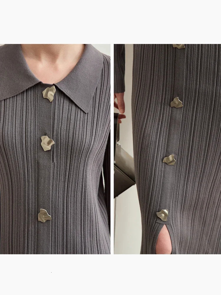 Amii Minimalism Elegant Party Dresses Woman Autumn Retro Lapel Metal Buckle Slim Strip Knitted Dress Female12443090 250728