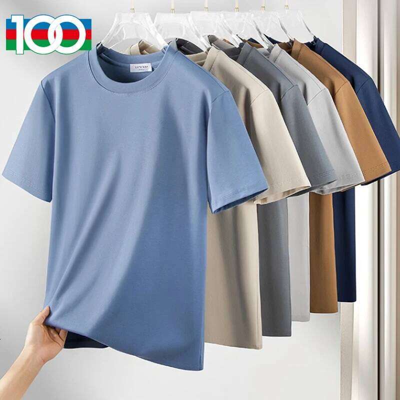 19606-A liquid ammonia mercerized cotton short-sleeved T-shirt, men's half-sleeved ice silk pure white loose T-shirt