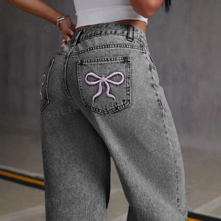 Butterfly Knot Embroidered Jeans for Women Sweet and Spicy Style High Waist Straight Loose Casual Long Pants Cross-Border Hot Item