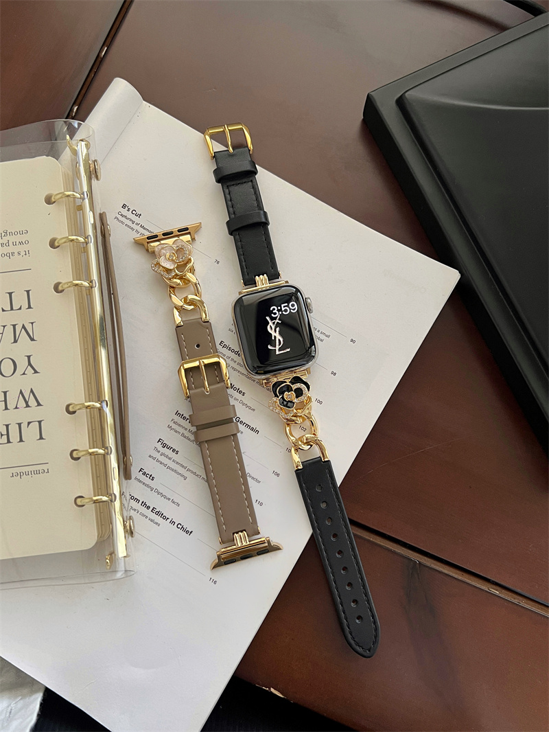 Luxury camellia flower genuine leather Watch Bands For Apple 44mm 45mm 41mm 40mm 42mm 38mm iWatch Series 10 9 8 7 6 5 4 3 Ultra 2 1 Wristband Bracelet