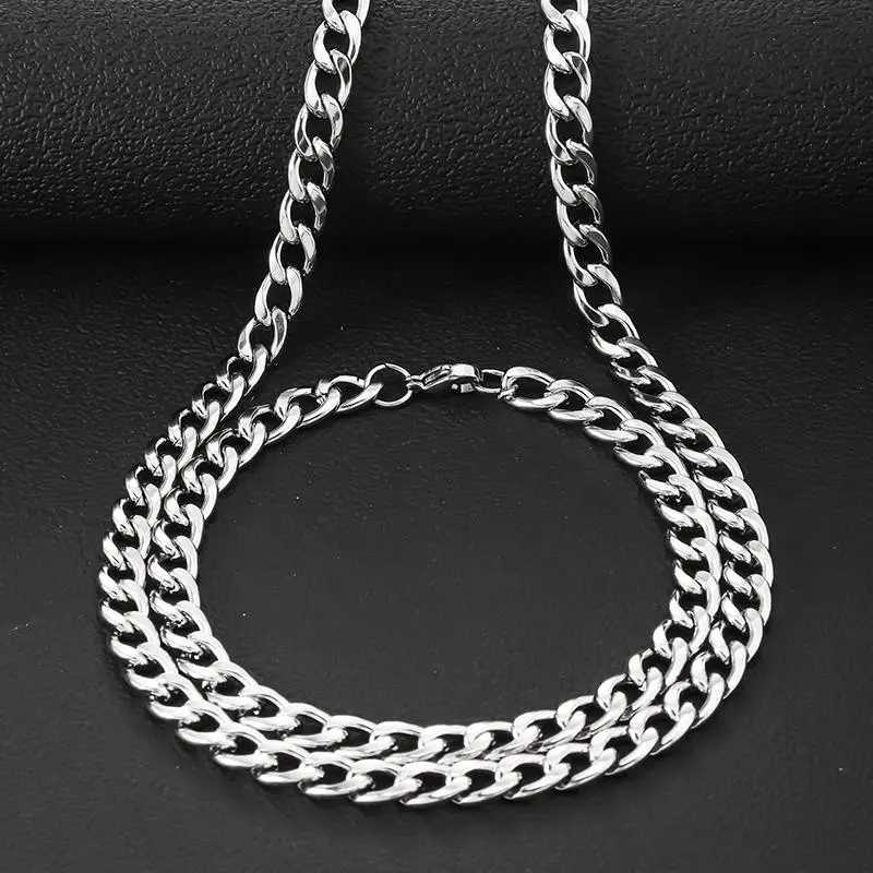 Hip Hop Cuban Chain Necklace Bracelet Set Rock Stainless Steel Basic Chain Men Necklace Simple Necklace For Women Party Jewelry XJ250708