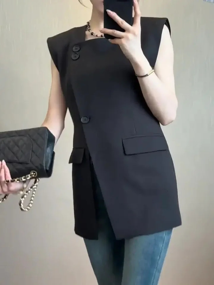 French Black Suit Vest Summer Style Young n Split Sleeveless Top Female Cardigan Outerwear 250709
