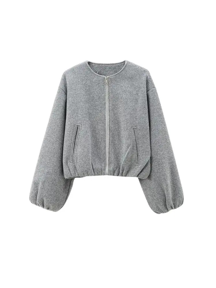 TRAOversized Soft Bomber Jacket for Women Long Sleeve Coat Front Zipper Female Outerwear Chic Tops Fashion 250728