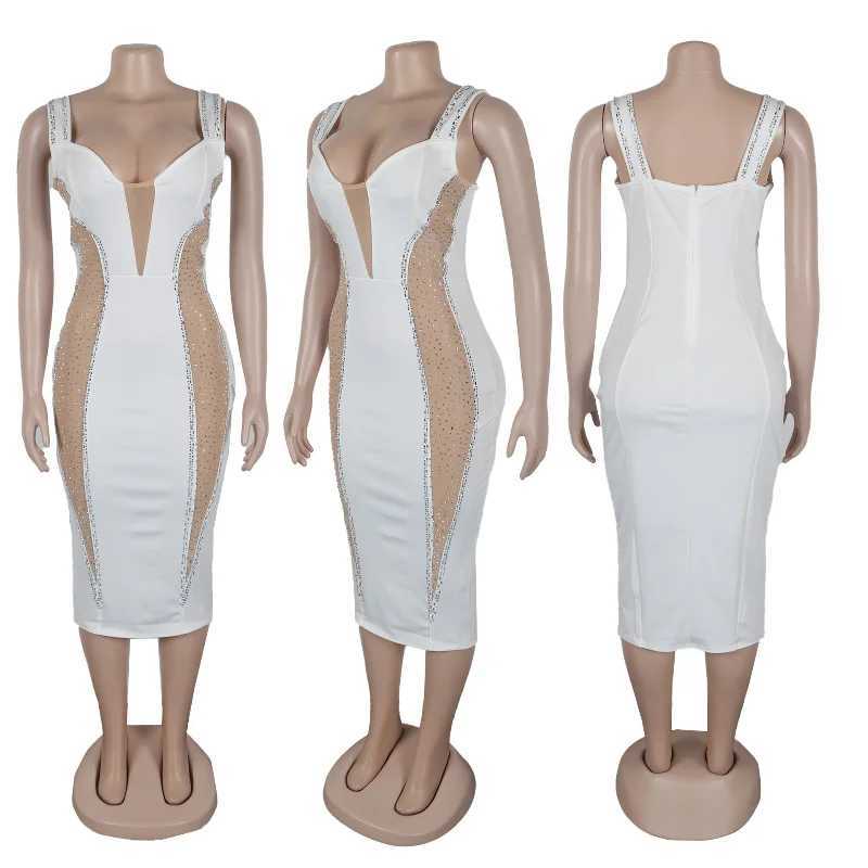 Sexy Spaghetti Strap V-neck Bandage Bodycon Dress for Women EleGant Mesh Patchwork Cocktail Party Dresses Midi Dresses Z250728