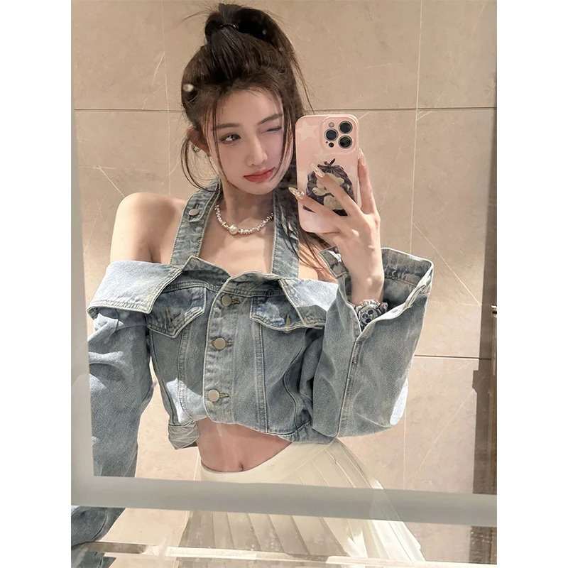 Y2K Cropped Denim Jackets Women Vintage Slash Neck Jeans Coat Streetwear Sexy Halter Long Sleeve Casual n Outerwear Tops 250728