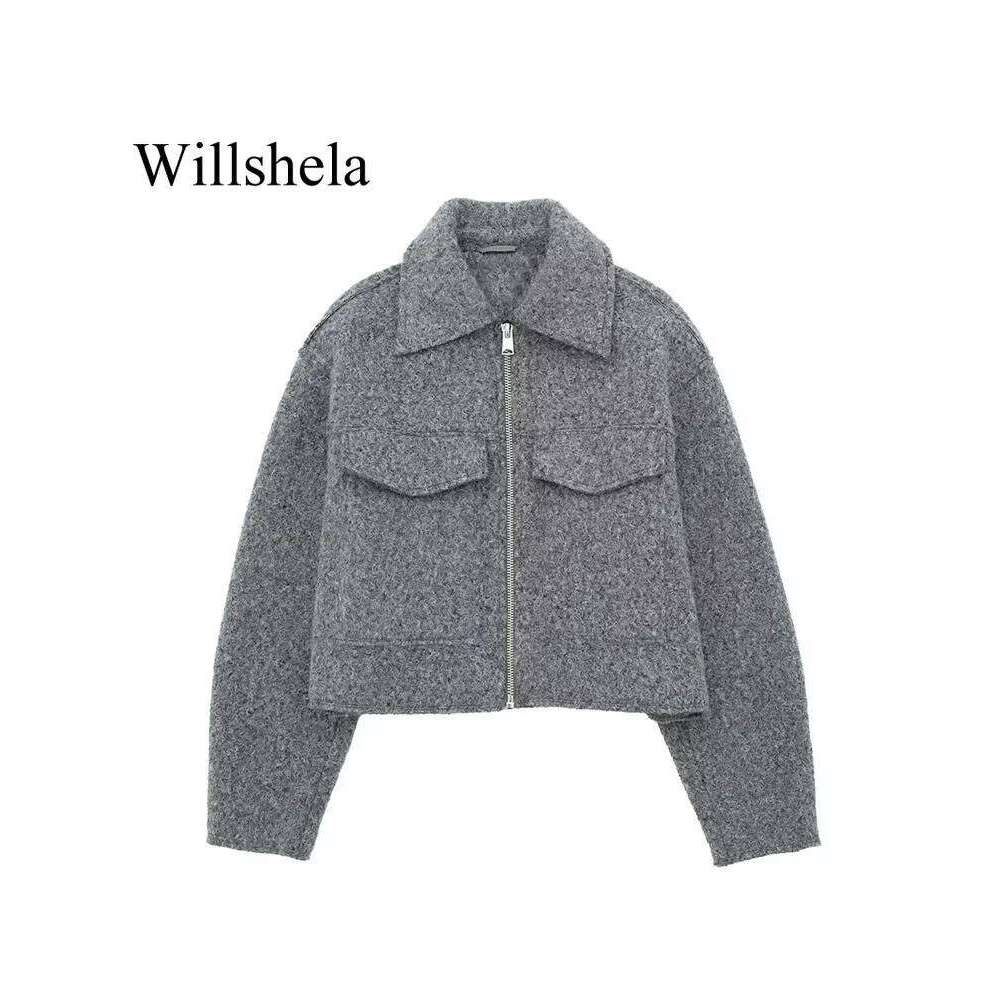 hoodie Willshela Women Fashion With Pockets Grey Front Zipper Jackets Vintage Lapel Neck Long Sleeves Female Chic Lady Outfits jacket