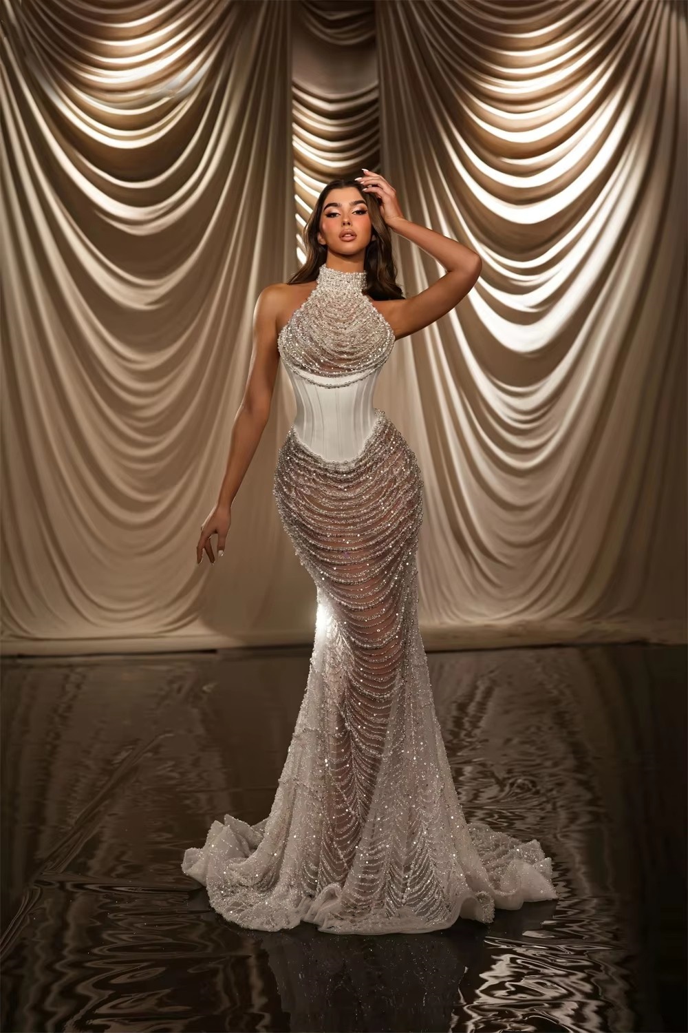 Exquisite Wedding Dresses Pearls Beading High Neck Bridal Gowns See Through Sleeveless Illusion Mermaid Customized Vestidos De Novia Plus Size