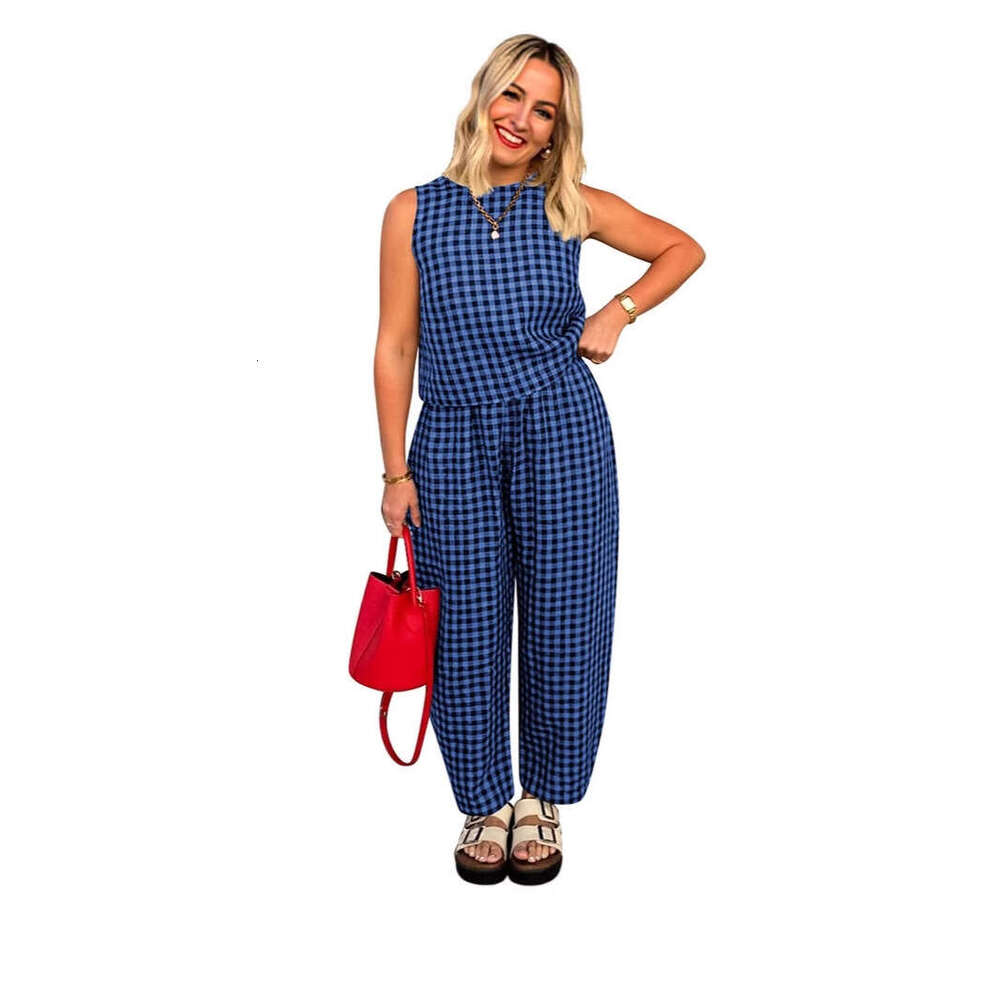 2025 Cross-Border Hot-Selling European American Women's Fashion New Solid Color Plaid Loose Casual Sleeveless Vest and Long Pants Set