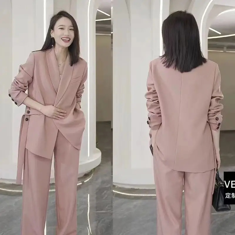 Womens Spring Autumn Casual Suit Jacket Matching Set Korean Elegant Loose Blazers Wide Leg Pants Two Piece Female Clothing 250728