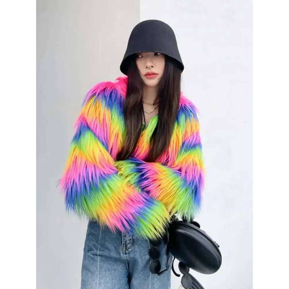 LANMREM Rainbow Colored Fur Coat For Women O-Neck Long Sleeves Personalized Coats 2025 Spring Winter New