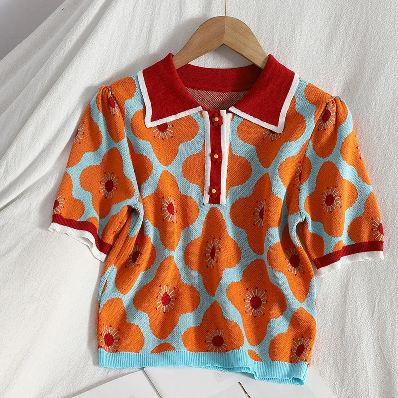 Summer 2 Piece Sets Womens Outfits Polo Neck Puff Sleeve Age Reducing Top High Waisted Pleated Skirt Women Knitted Suit 250728