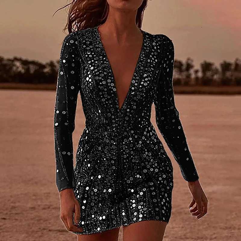Sexy Deep V Neck Long Sleeve Shiny Dress Elegant Sequins Womens Evening Party Dresses Chic Solid Color Glitter Wrap Hips Dress Z250728
