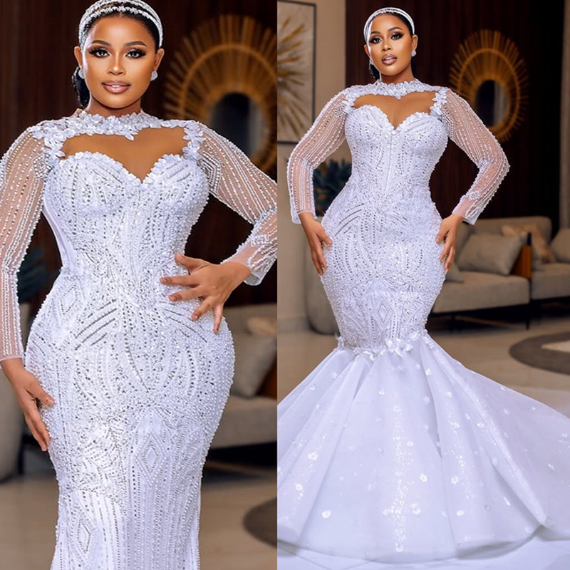 2025 Elegant African Wedding Dress Bridal Gowns For Bride Detachable Train Mermaid Sheer Neck Illusion Long Sleeves Beaded Lace Wedding Gowns For Blac