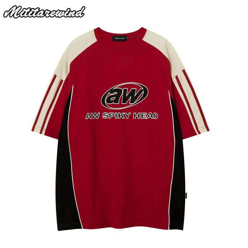 Retro Preppy Style T-shirts Men's Patchwork Color Contrast Short Loose Streetwear tshirt Half Sleeve Fashion Tops Tees