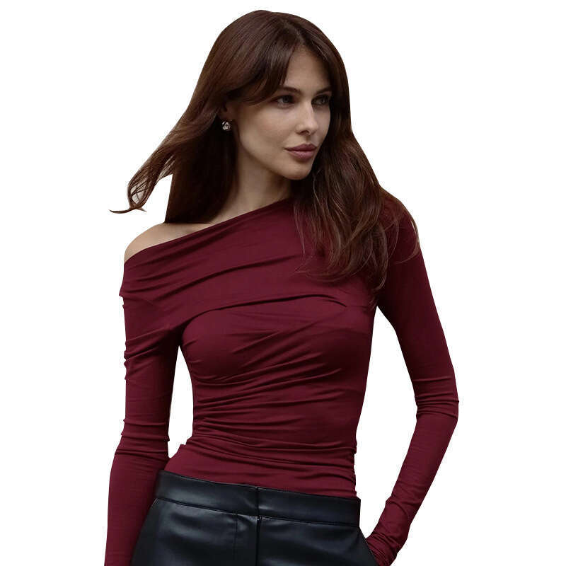 Y24tp624 Autumn Winter Women's Solid Color Off-Shoulder Asymmetrical Ruched Long Sleeve T-Shirt Top B5