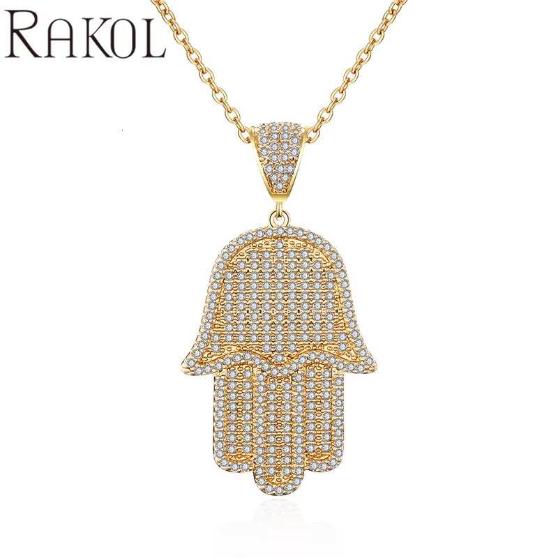 RAKOL NP2036 Pave White Stone Pendant Hamsa Hand Necklace
