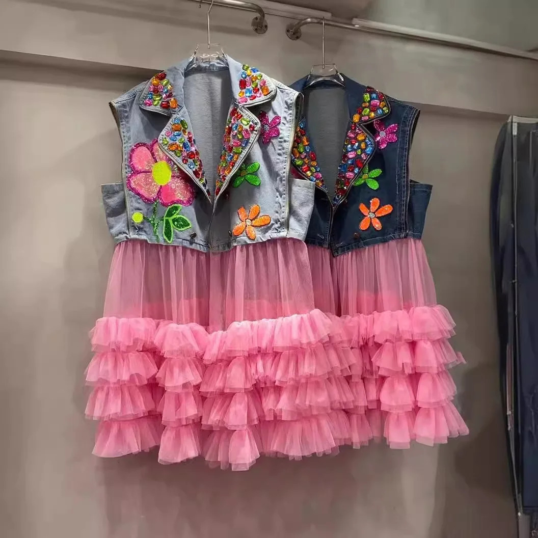 Flowers Sequins Embroidery Mesh Patchwork Ruffles Denim Waistcoat Crystal Jeans Vest Diamonds Beads Jacket Turn Down Collar Tank 250728