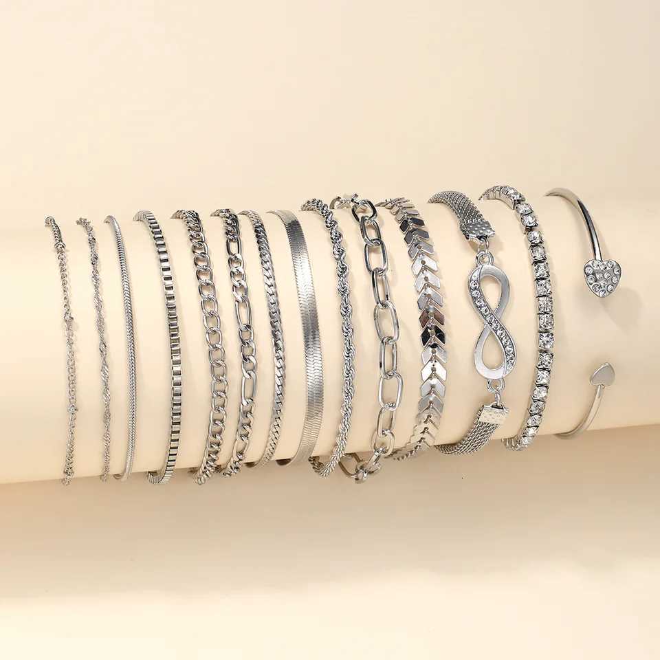 14Pcs/Set Bohemian Multi-layer Chain Bracelets for Women Retro Minimalist Metal Thick Twist Cuban Chain Bracelet Summer Jewelry W250728